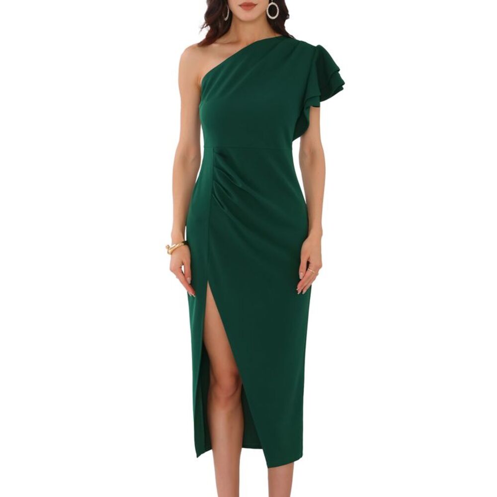 One Shoulder Ruffle Ruched Split Hem Prom Cocktail Midi Dress Dark Green